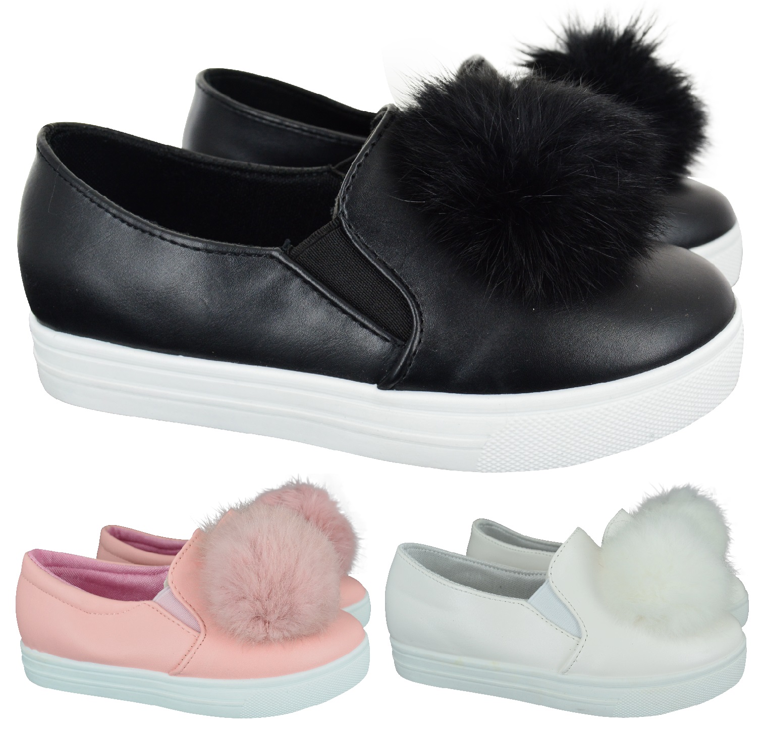 KIDS GIRLS CHILDREN POM POM FLUFFY FUR TRAINERS SNEAKERS PUMPS SHOES UK